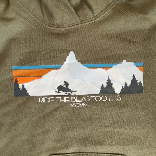 Close up olive green ride the beartooths sweatshirt - green - wyoming