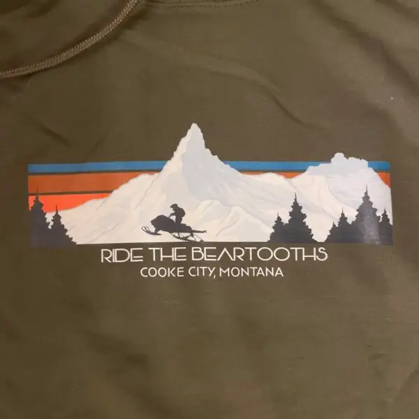 Close up - Olive ride the beartooths sweatshirt - front - Cooke City